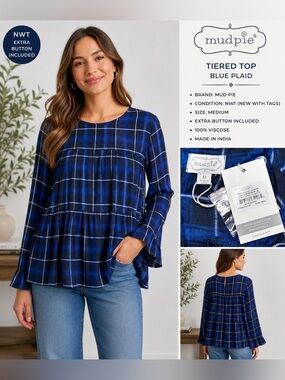 Mud Pie Evelyn Tiered Plaid Top Medium NWT Blue Plaid Bell Sleeve 100% Viscose